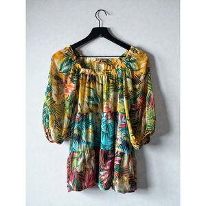 Fig & Flower Anthropologie Tropical Floral Peplum Top Puff Sleeve M